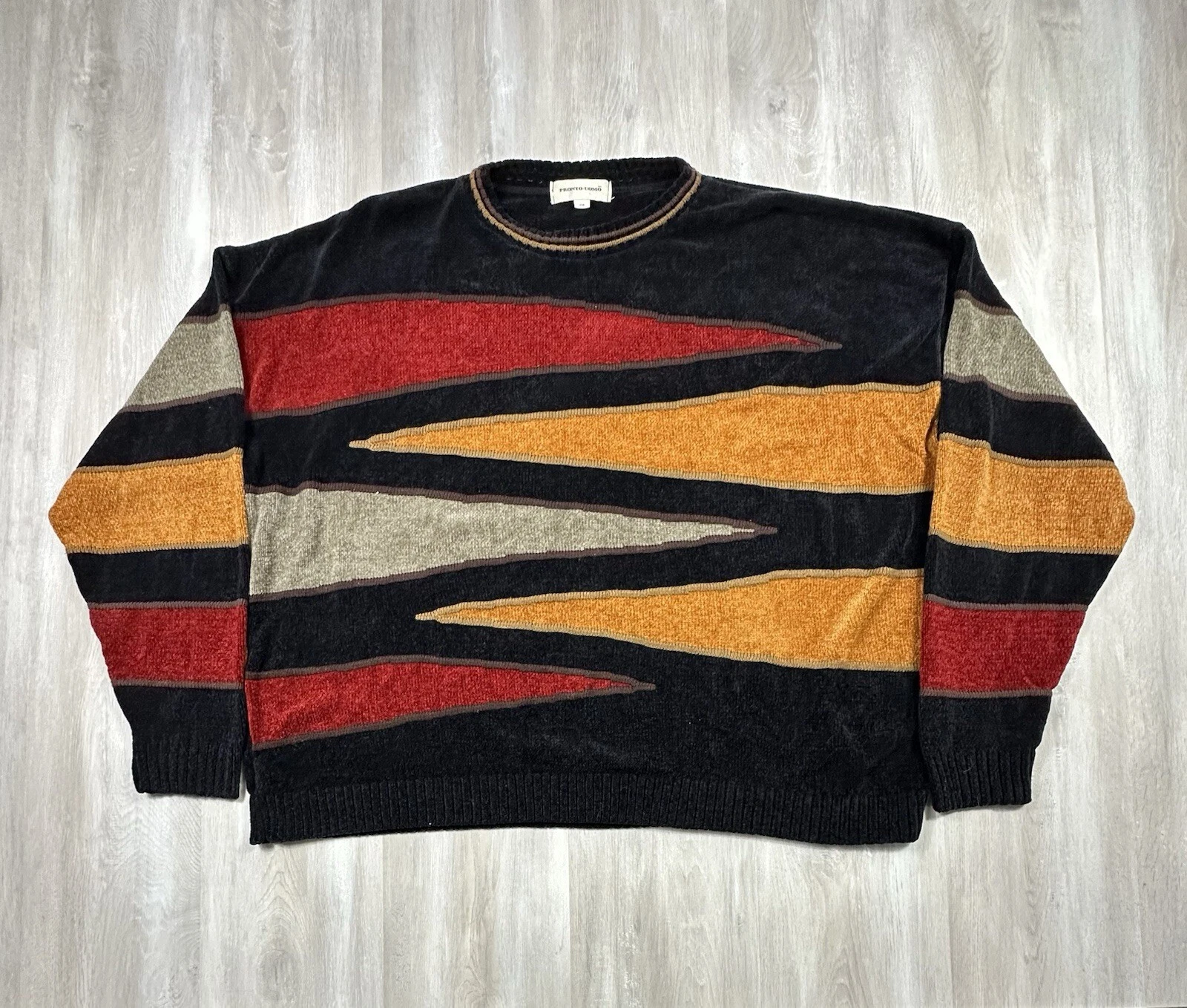 Pull vintage prêt pour homme 2XL tricoté texturé géométrique style Coogi multicolore