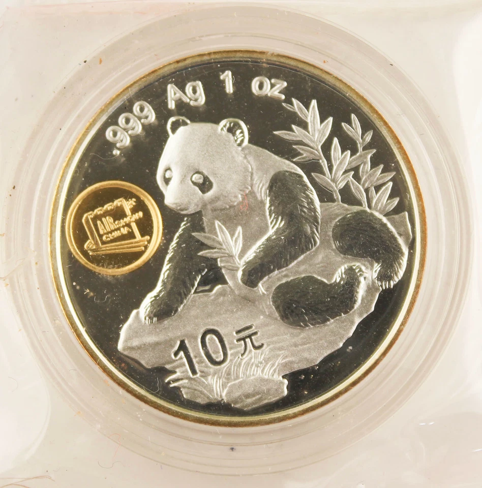 China 1997 1 Oz 999 Gold Plated Silver Panda 10 Yuan Coin Beijing Aviation Expo - Image 2 of 3