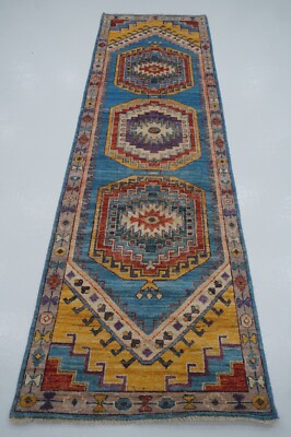 3 x 10 ft Blue Oushak Hand knotted Oriental Transitional Runner Rug