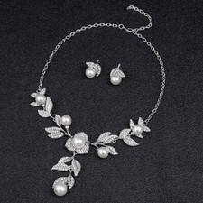 White Faux Pearl Crystal Flower Leaf Necklace Earrings Wedding Party Jewelry Set