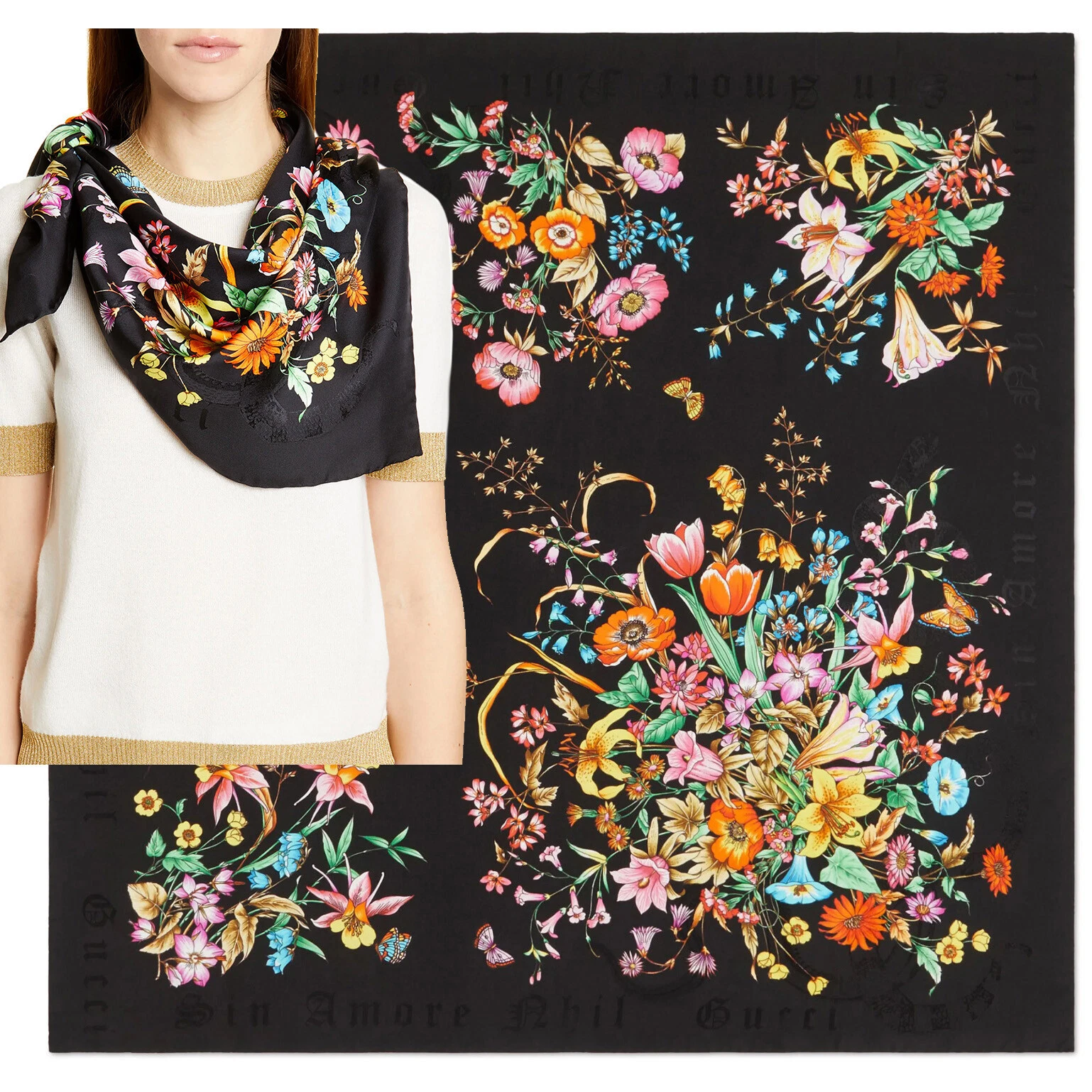 FOULARD GUCCI SINE AMORE BOUQUET FLORAL FLORE NOIR SOIE SERGÉ CARRÉ 35