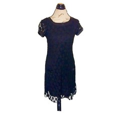 En Focus Studio Black Dress Sz 8 Lace Polka Dot Overlay Sheer Lined Short Sleeve