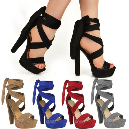 Para Mujer Damas lazo de encaje arriba del tobillo tacones altos bloque  plataformas Partido zapatos abiertos Tamaño | eBay