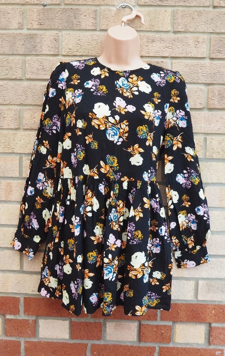MISS SELFRIDGE PETITE BLACK FLORAL LONG SLEEVE MINI SHORT SLIP TEA