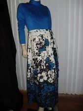 Maxi,couture,royal blue,black,floral,border print,turtleneck,New,size M,unique