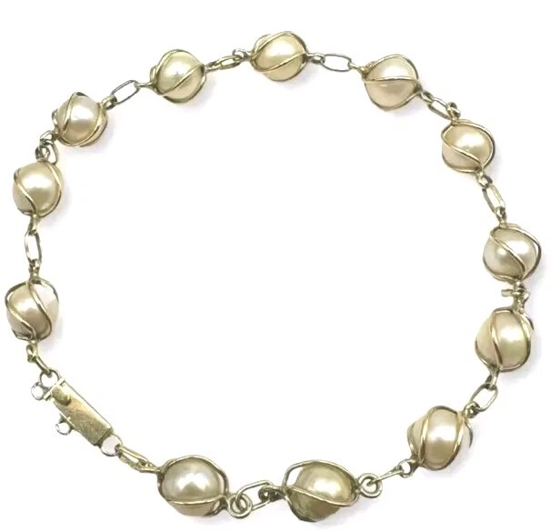 Vintage Estate 18K Yellow Gold Caged Pearl Bracelet (9.5") Heavy - Image 2 of 4