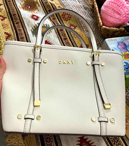 DKNY Ivory Satchel Top Handle Bag Zip Closur Detachable long Strap Gold Hardware