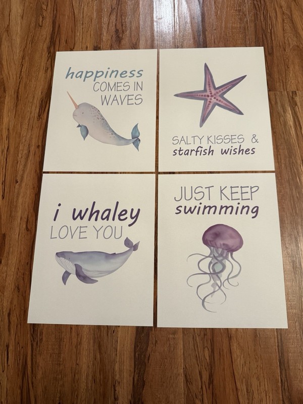 UNFRAMED CANVAS PRINTS (4) Lavender Purple Blue Sea Life Bathroom Wall Art Decor