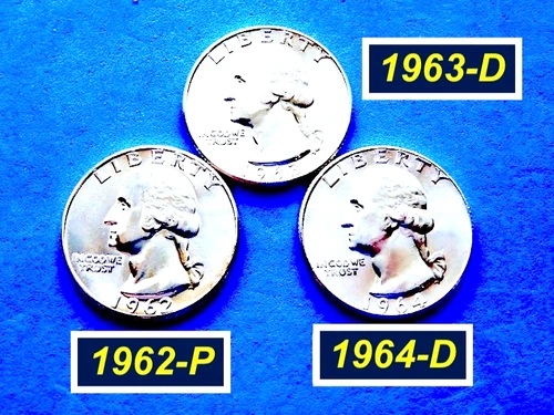 Lot of Three (3) "BU" Lustrous Quarters 〘1962P 1963D 1964D 〙Details Below ➫ 2L8