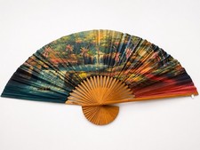 VTG X Large Asian Chinese Fan Wall Art Decor 7ft Hand Painted Waterfall Scene