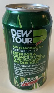 12oz. MTN DEW SODA CAN ( DEW TOUR) EMPTY BOTTOM OPENED 