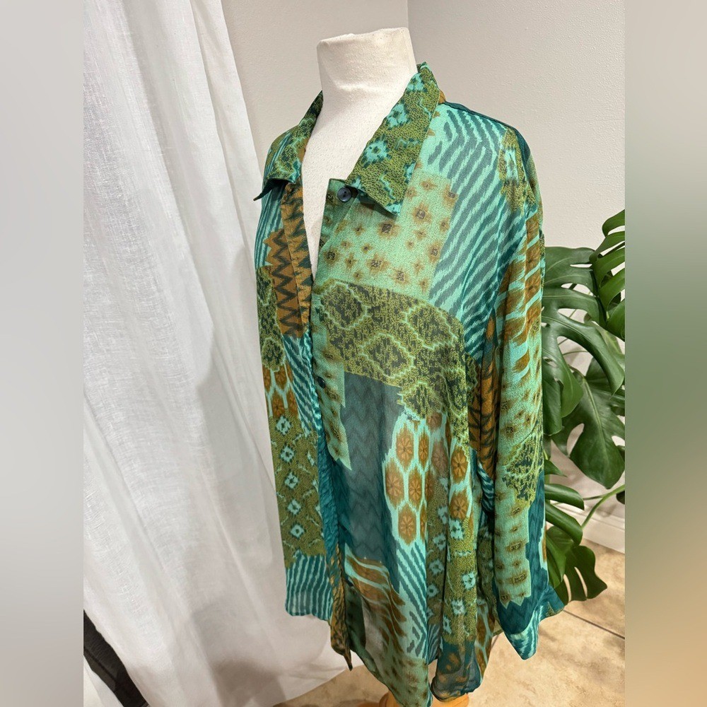 Dalin Plus Sheer Boho Patchwork Button Down Top G… - image 2