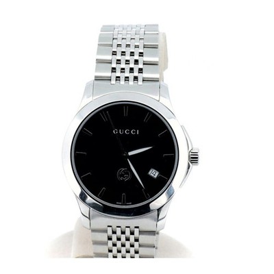 Gucci Timeless Herrenuhr Schwarzes Zifferblatt Silber SS 5ATM Wasserdicht...
