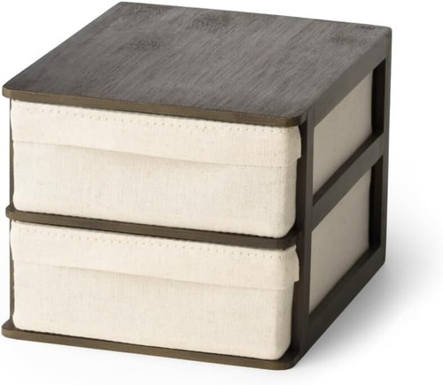 Stylish Desktop Organizer with Cotton Linen Drawers - 2 Stackable Beige Slots - Bild 3 von 11