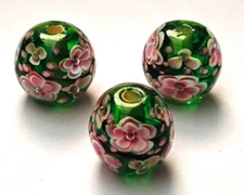 10pcs handmade Lampwork glass beads glass Pink plum flower round on Green 14mm
