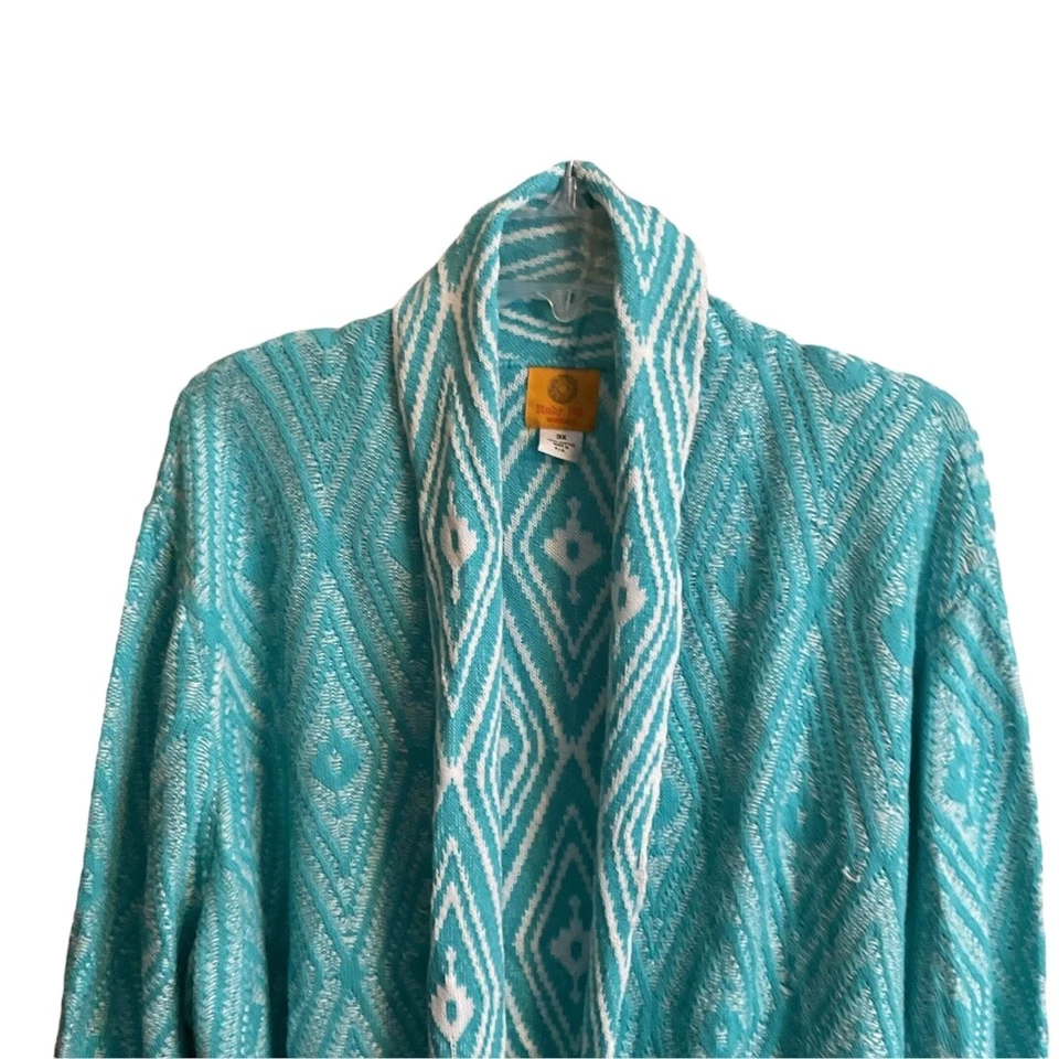 NWT Ruby Rd Cardigan Women's SZ 3X Open  Turquoise &White Fringe Hem Long Sleeve - Image 4 of 4