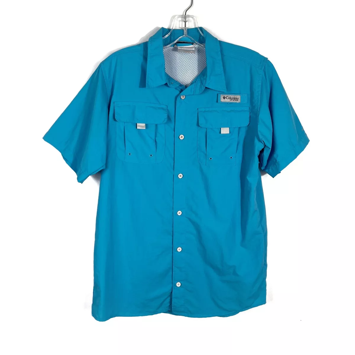 Columbia PFG Boys Bright Blue Short Sleeve Vented Back Button Down Fishing  Shirt