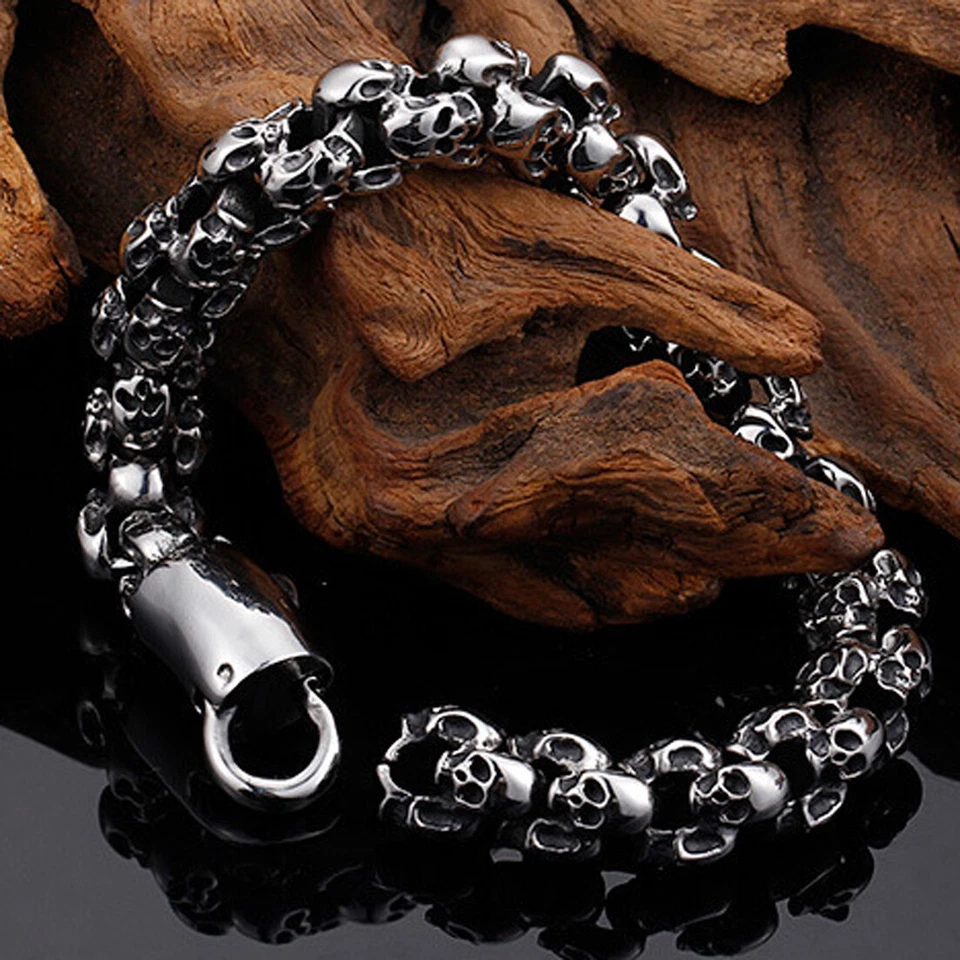 Панк браслеты для мужчин из нержавеющей стали блестящий череп подвеска звено цепи Brecelet новый - Изображение 4 из 4