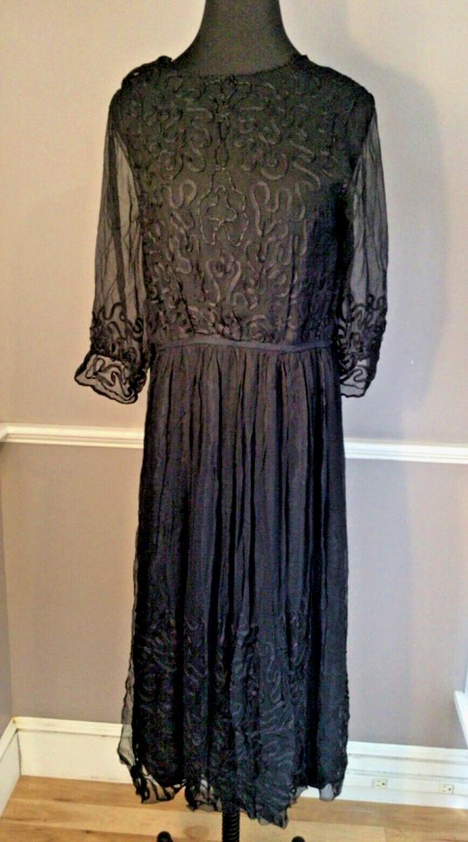 Authentic Antique Vintage 1920s Black Silk Chiffon w/ ribbon work Dress |  eBay
