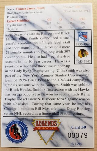 Smith, Clint Signed on 1992 Hockey Hall of Fame Legends of Hockey Card #59 - Picture 2 of 2