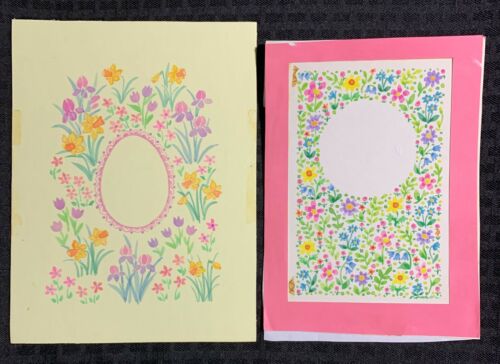 EASTER Colorful Flowers w/ Oval & Circle 7x9" Greeting Card Art LOT of 2 #2233 - Picture 1 of 1