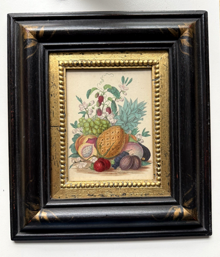 VINTAGE ANTIQUE FRAMED WATERCOLOURED PRINT. PINEAPPLE AND FRUITS
