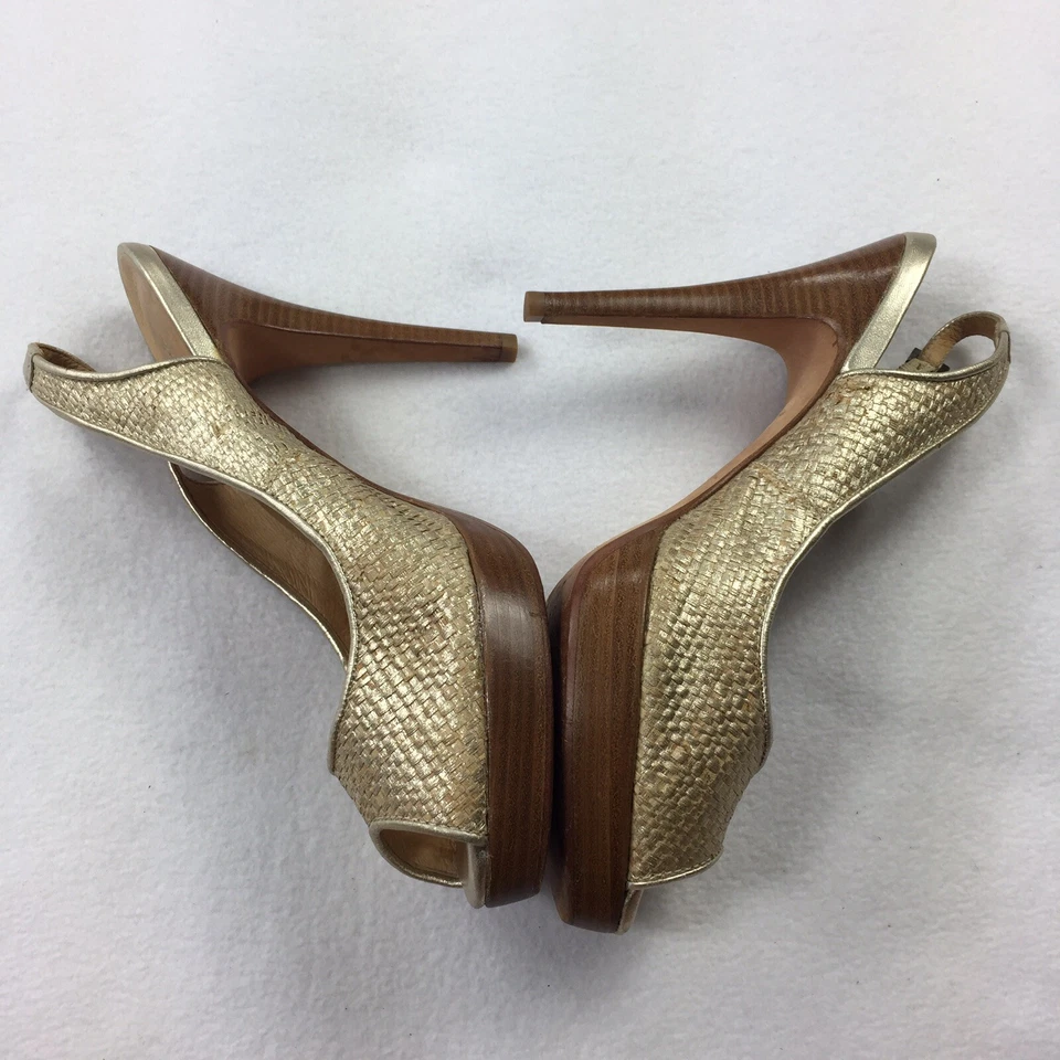 Boutique 9 Lowan тканые высокие каблуки 9 металлический свет золото заглянуть носок деревянные насосы - Изображение 2 из 4