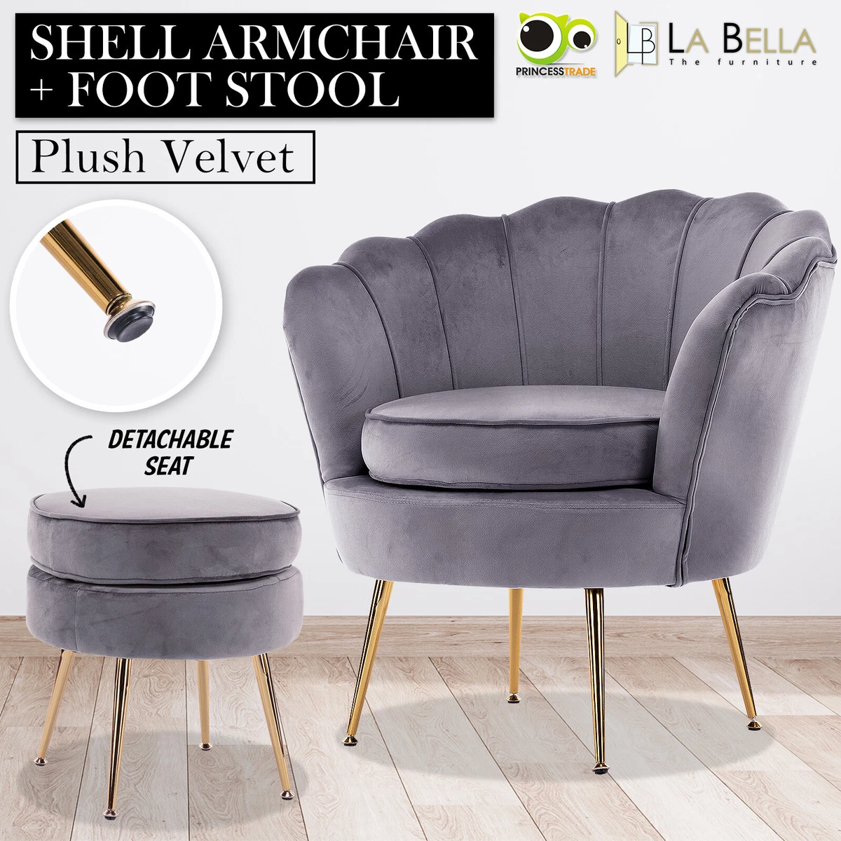 Armchair Lounge Accent Chair Shell Scallop Velvet Matching Ottoman