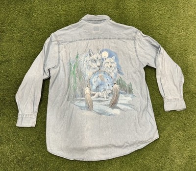 Polar Button Up Shirt Men's Denim Three Wolf Moon Graphic Vintage Size XL Y2K 