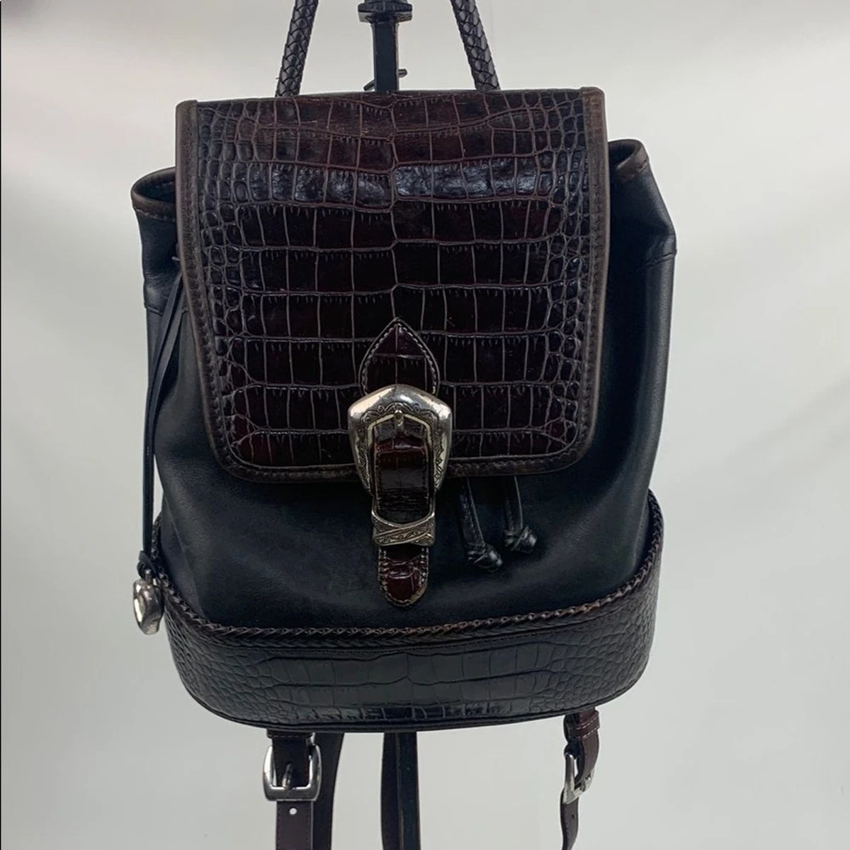 Crocodile Embossed Vintage Brighton Leather Backpack Brighton Flat Front Backpack Large in Black Alligator  main image 3