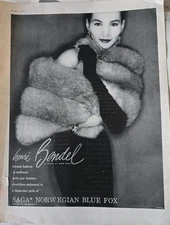 1955  Women's Saga Norwegian blue fox fur stole Henri Bendel vintage fashion ad
