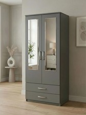 2 Door Wardrobe Ready Assembled with Mirrors and Drawers-Bedroom Storage In Grey