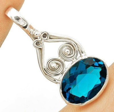 Natürlicher 8 kt makelloser Blautopas 925 Sterlingsilber Anhänger 1 1/2'' lang @B5-7