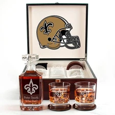 New Orleans Saints - Engraved Football Whiskey Decanter and 4 Glasses In Woodbox