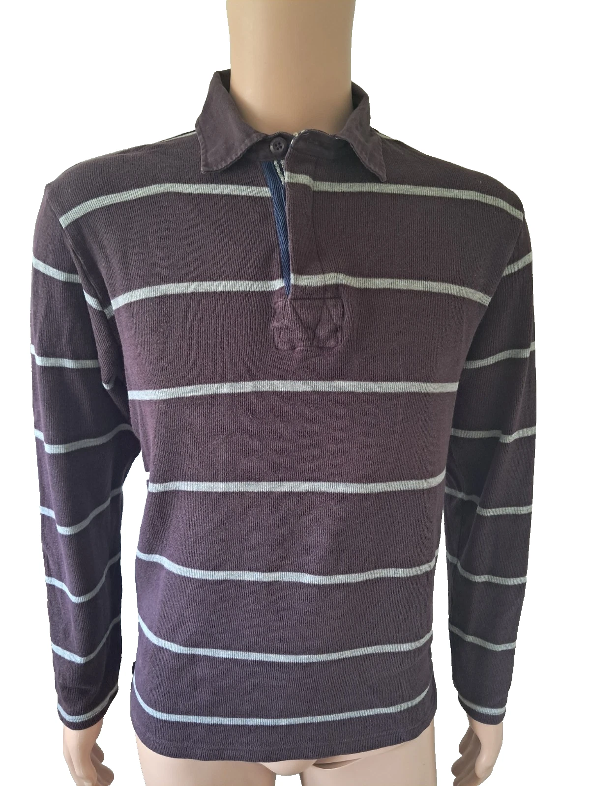 Boston Crew Sporting Club Dark Purple/Grey Stripe Rugby Polo Shirt Size L Ex Con