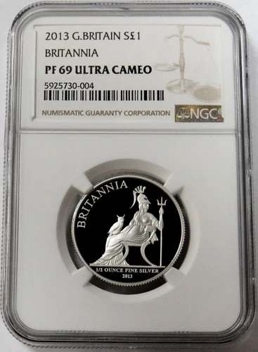 2013 SILVER GREAT BRITAIN 1 POUND BRITANNIA 1/2 OZ PROOF COIN NGC PF 69 UC