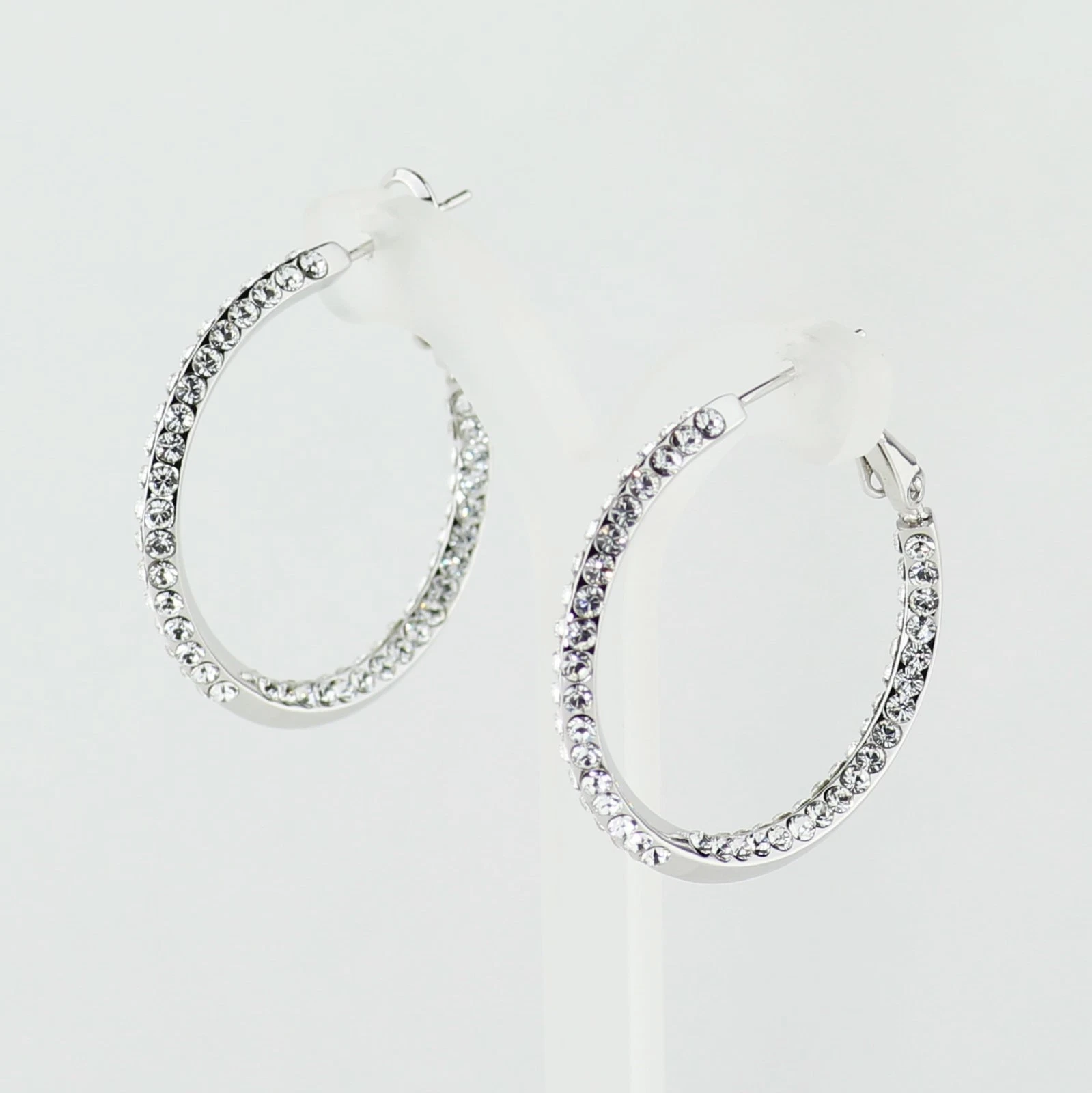 Rhodium Plated Baha Hoop Earrings Clear Made with Swarovski Crystals 1 3/16"