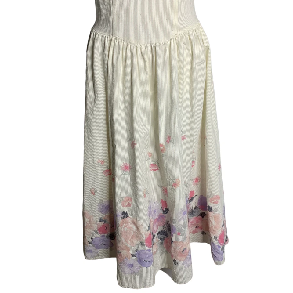 Vestido Columpio Vintage Años 80 Floral Rayas S Blanco Sin Mangas Deshuesado Cottage Core Foto 3 de 4