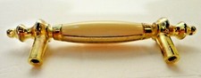 Vintage Brass Porcelain Ceramic Drawer Cabinet Door Pull Handle Off White Tan