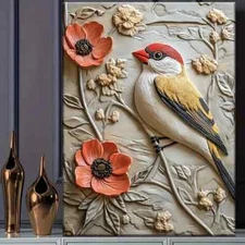 Goldfinch & Floral Framed Canvas Stretched Ready to Hang 50x40 Home decor Gift.