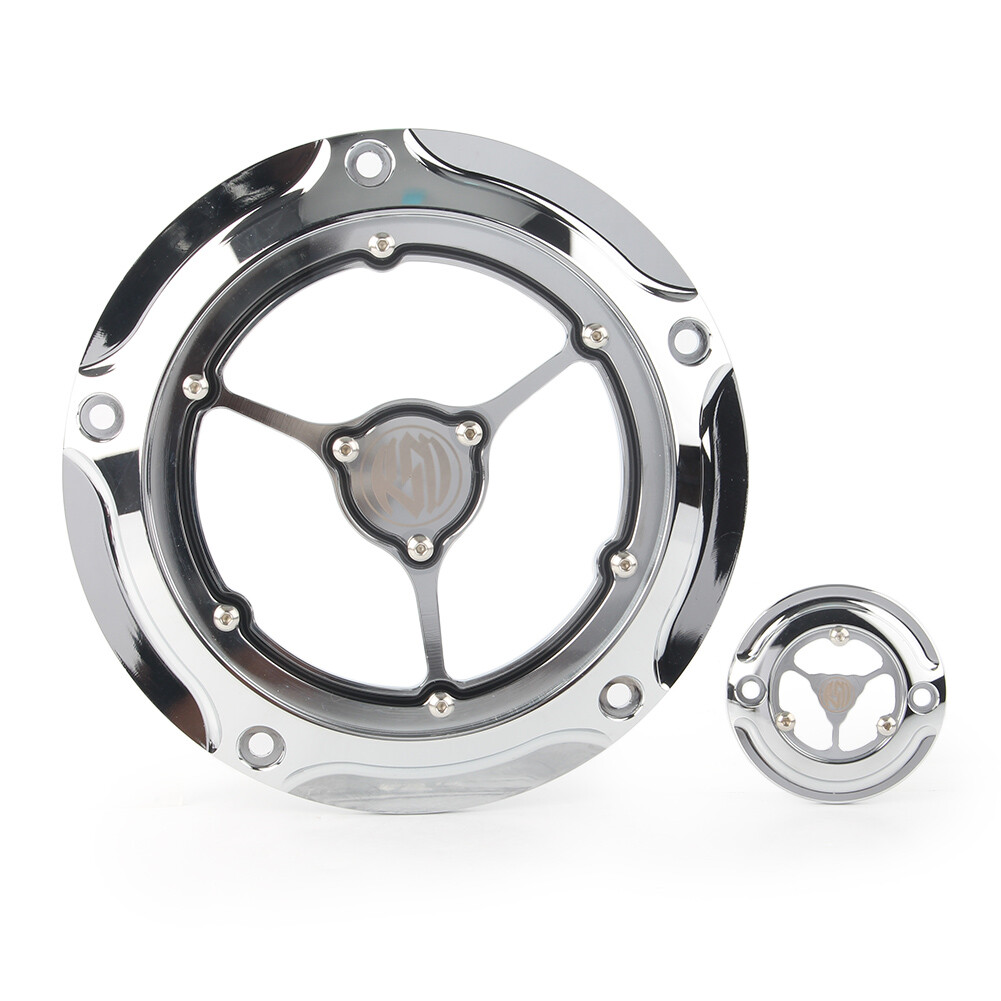 Clear Clarity Chrome Derby Cover For Harley Dyna, Street Glide, FLHTK, FLHRS – Front/Rear