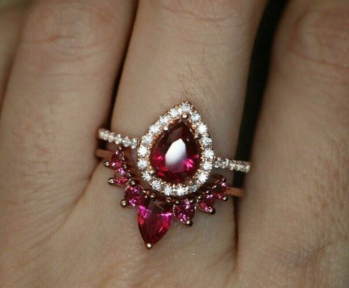 Trio Wedding Ring Set 3.85Ct Created Pear Cut Red Ruby Band 14K Rose Gold Finish - Picture 4 of 4