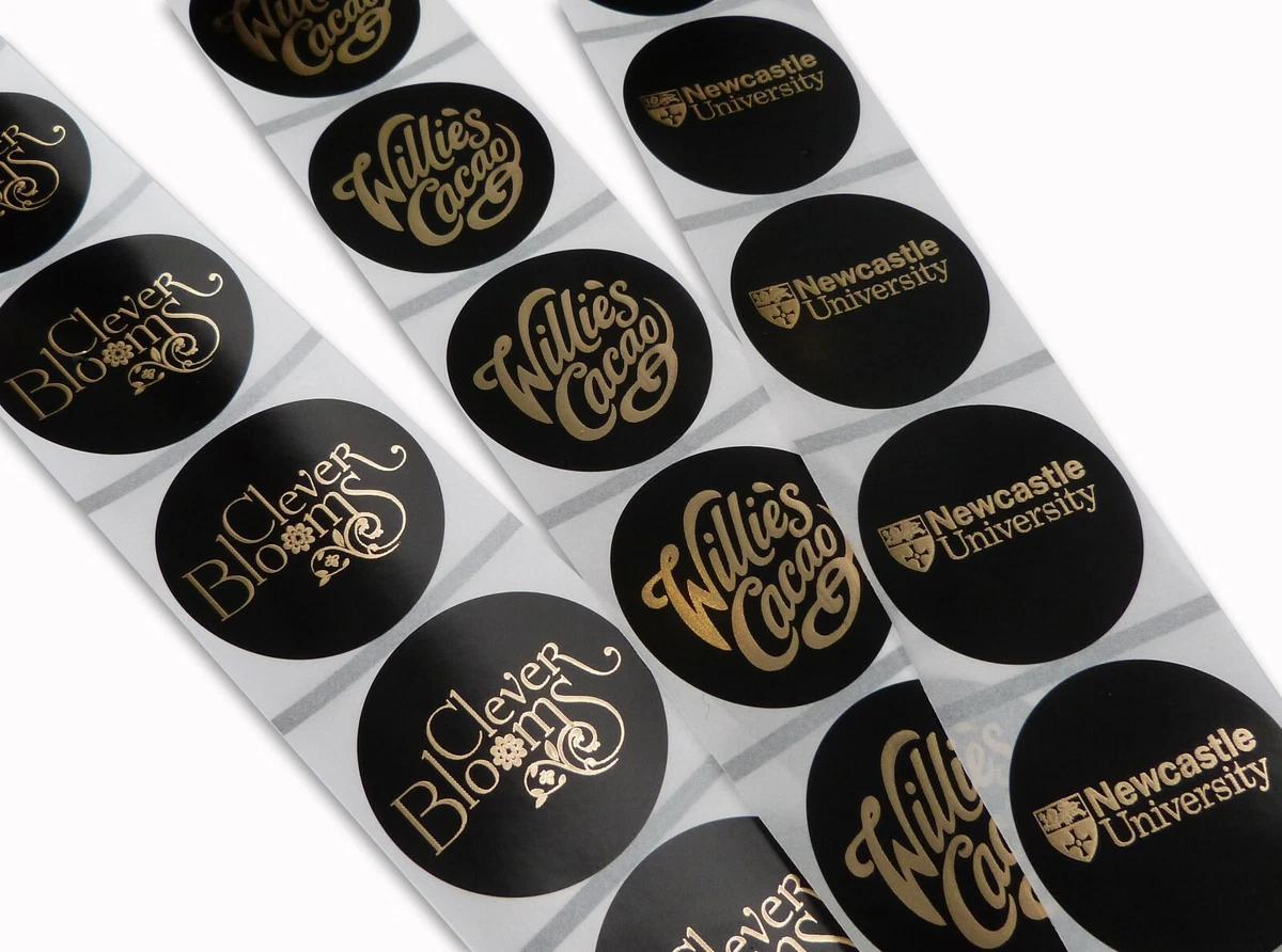 45MM ROUND BLACK GOLD FOIL YOUR LOGO BUSINESS NAME LABELS COMPANY STICKERS