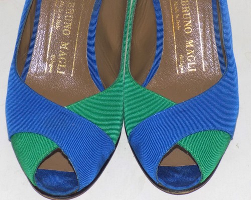 Vintage Green Blue Fabric Covered Bruno Magli Shoes Open Back Size 6 * - Picture 3 of 6