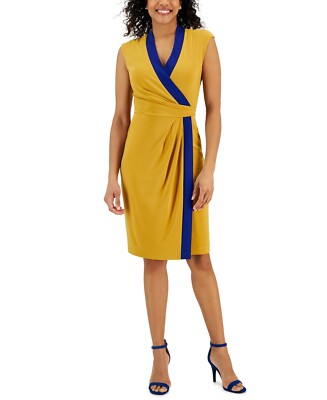 /LX013/ Kasper Colorblock Faux-Wrap Jersey Dress Gold/ Royal Blue Sz S $89.50