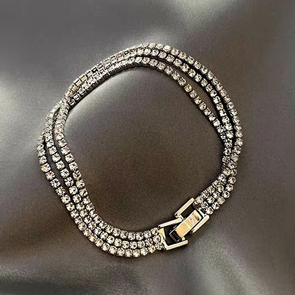 18k gold gp simulated diamond beaded chain three row slim tennis bracelet 16cm Foto 3 de 4