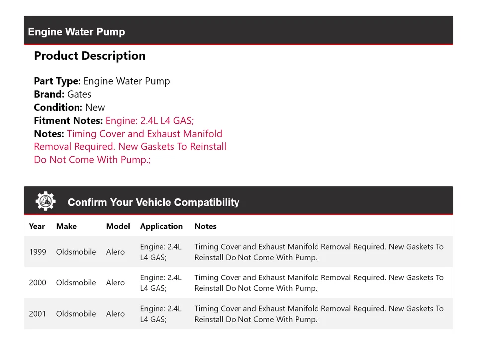 For 1999-2001 Oldsmobile Alero 2.4L L4 GAS Engine Water Pump Gates 2000 - Image 2 of 4