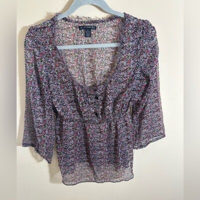 Eye Candy Shirt Top Sheer Floral frayed edges detail Size medium