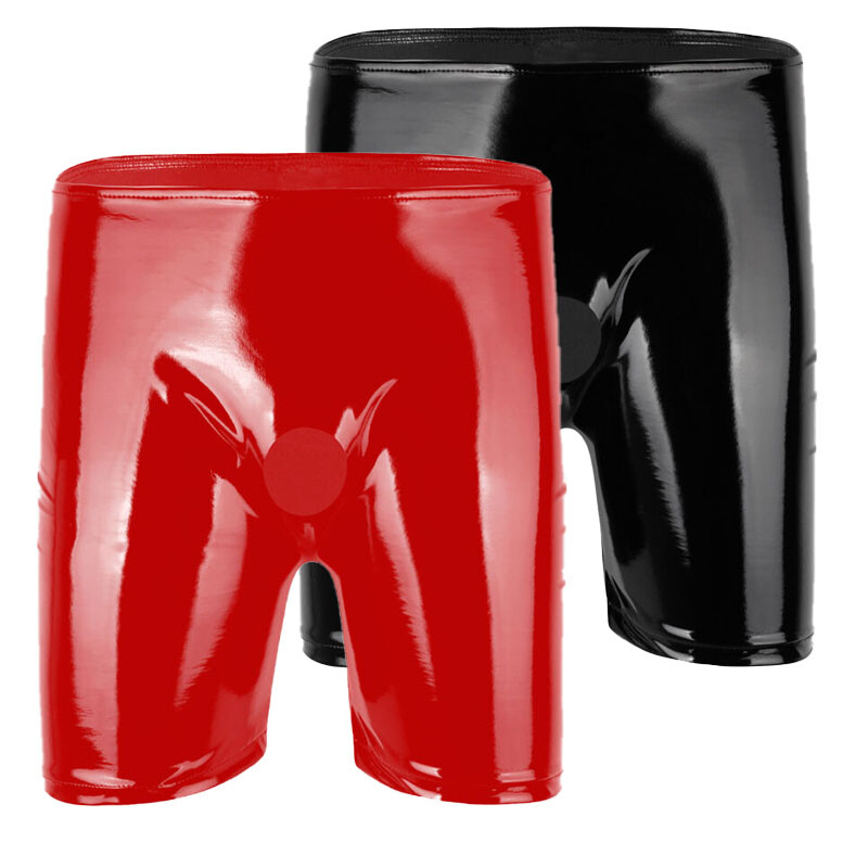 Men's Lingerie Shiny Metallic PVC Leather Open Crotch Booty Shorts