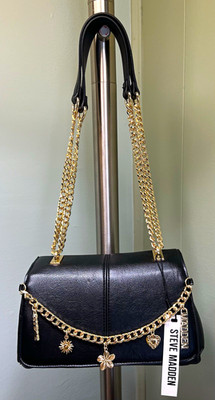 Steve Madden Black Shoulder Bag Gold Chain Strap Charm Inner Pockets